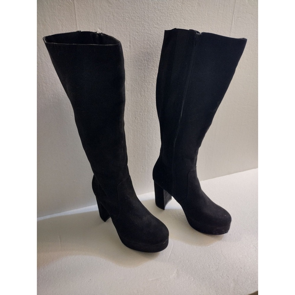 Womens Knee High Boots 9 Black Suede Platform Chunky Block Heel Inner Zip
